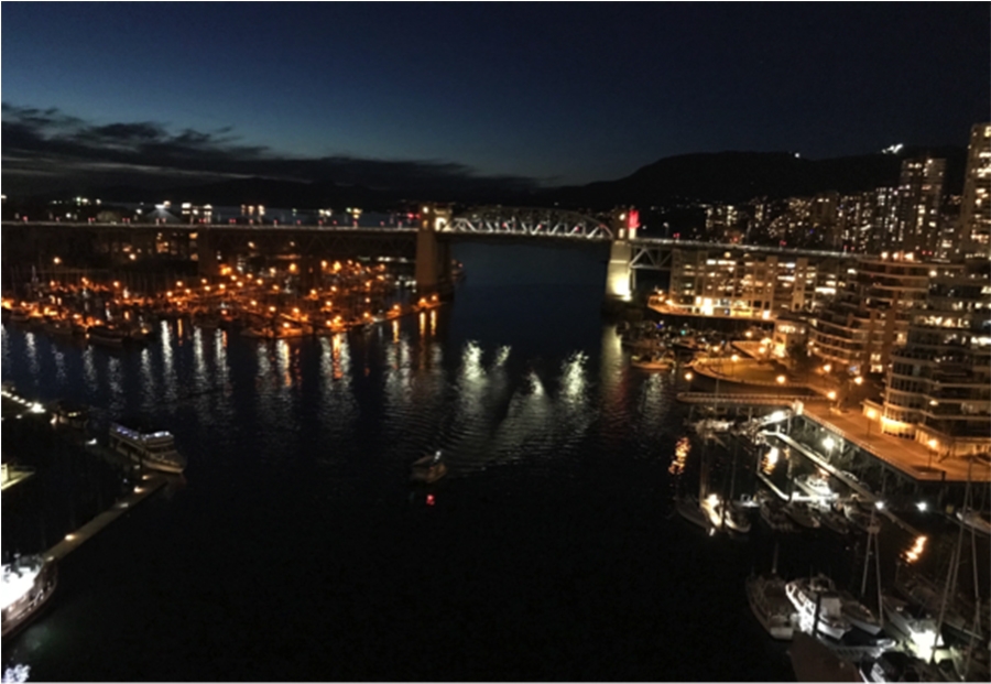 View from the Granville Street Bridge at 7pm in March.