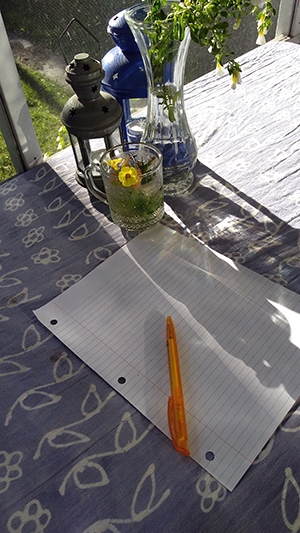 Sue Sorensen Writing Space. Pencil and paper on outdoor table.