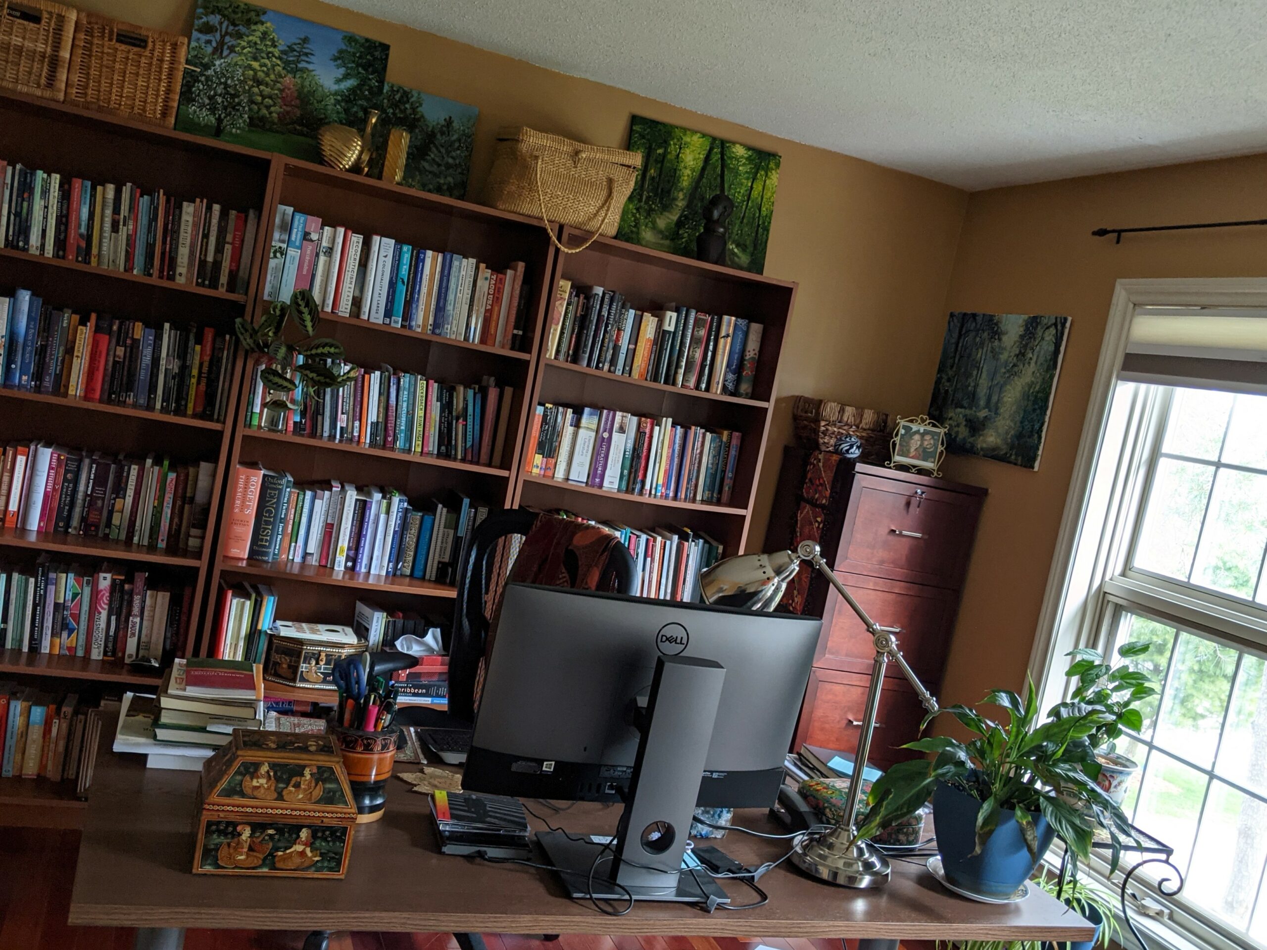 Photo of the author's desk, in front of a large bookshelf and the ginger-painted walls.