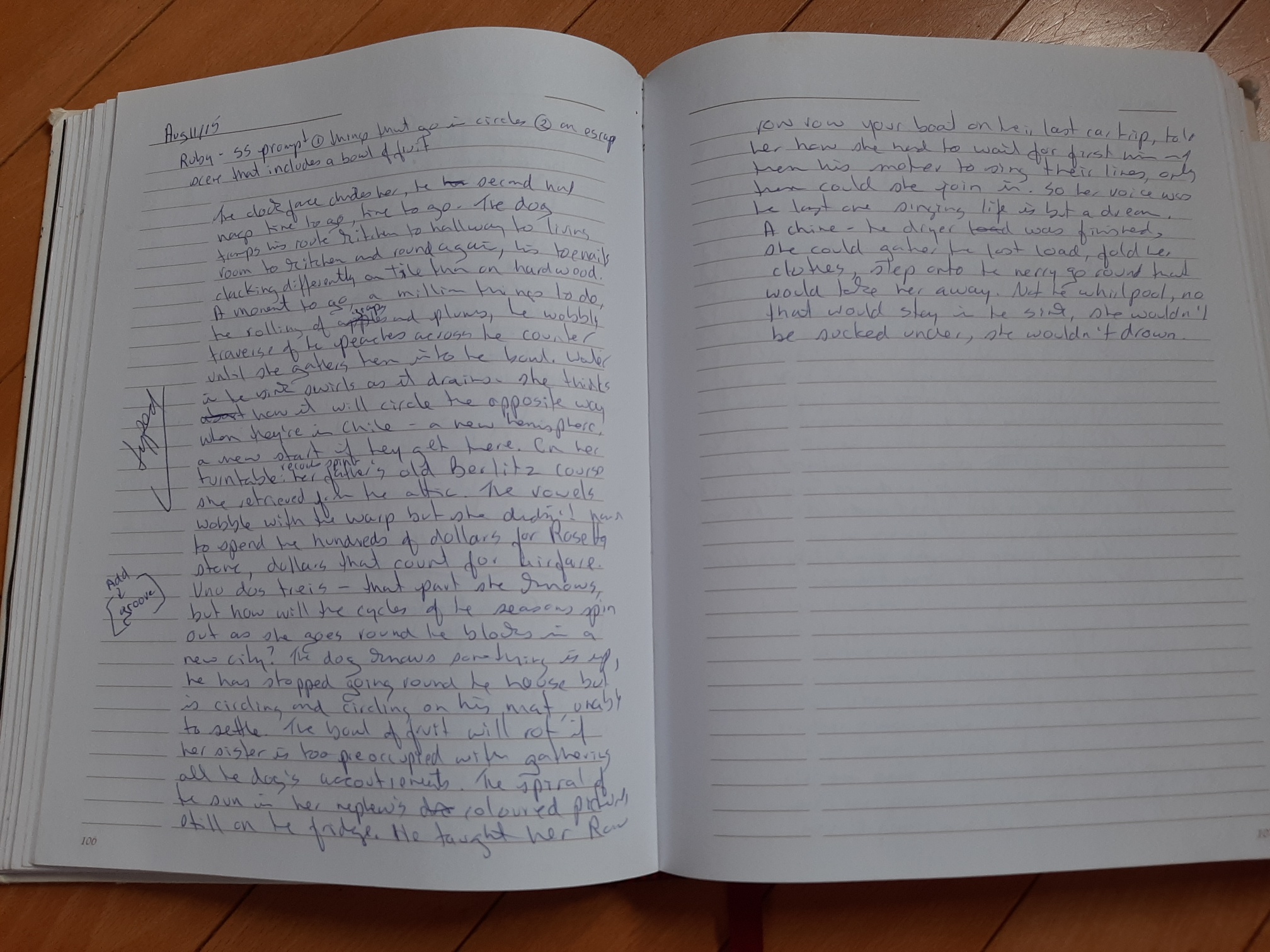Photo of the author's notebook, open to the page where she brainstormed the poem, "Rounds."