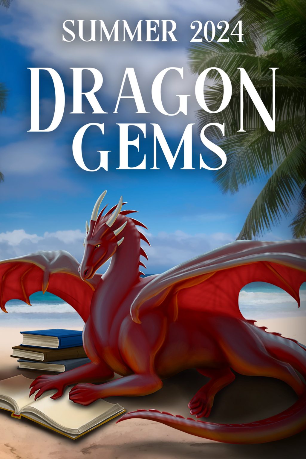 Book cover of Spring 2024 Anthology of "Dragan Gems" where a red dragon reads on a beach.